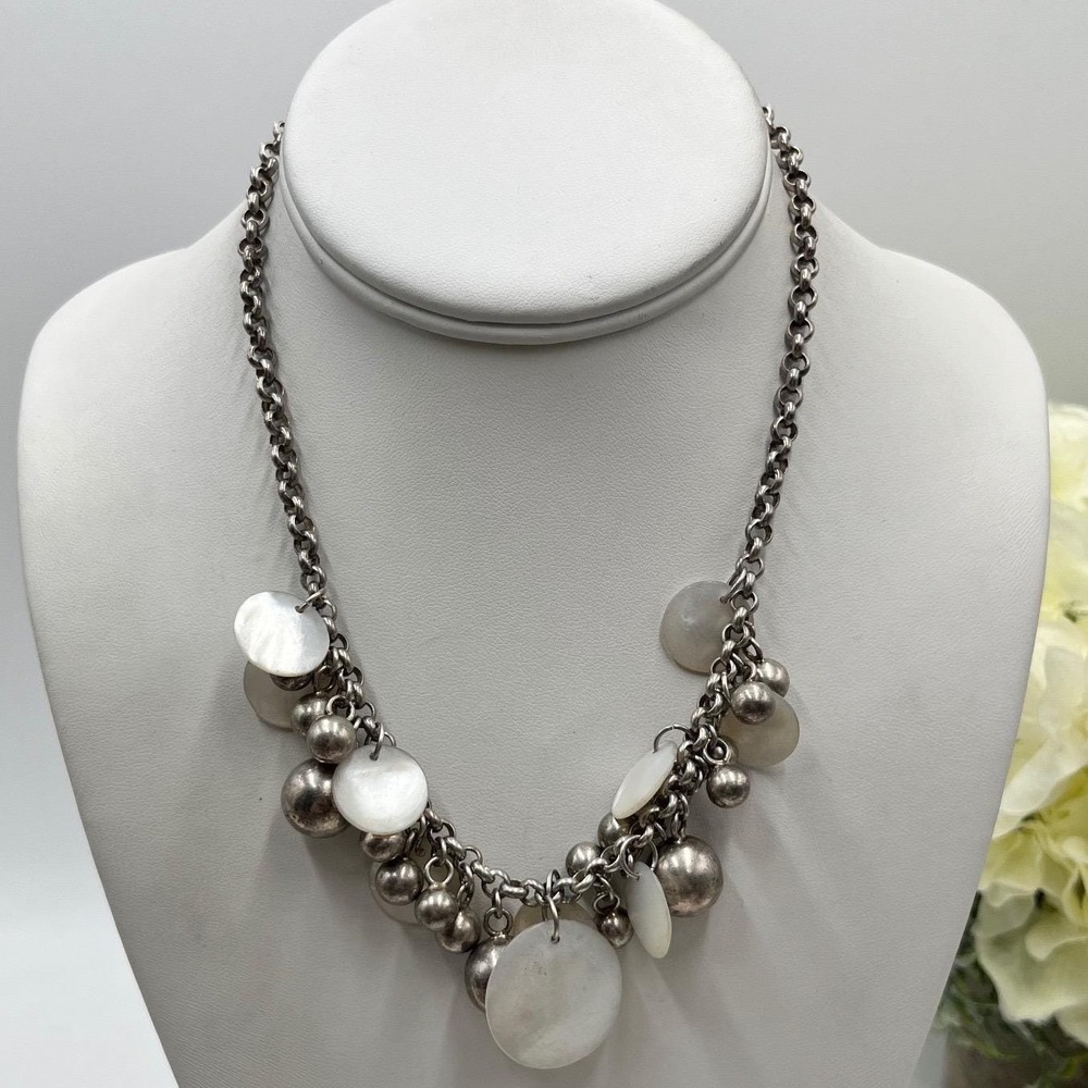 Ilaria Designer Peru Sterling Silver 58g Shell Bead Dangle Statement‎ Necklace